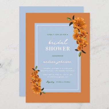 Blue Terracotta Orange Floral Summer Bridal Shower Invitations