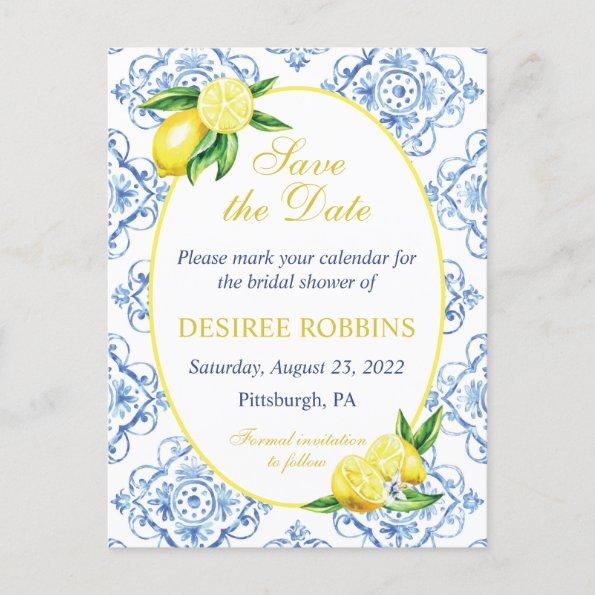 Blue Tile Floral Lemon Bridal Shower Save the Date PostInvitations