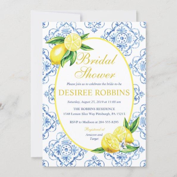 Blue Tile Italian Floral Lemon Bridal Shower Invitations