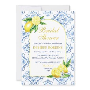 Blue Tile Italian Floral Lemon Bridal Shower Invitations