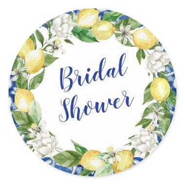 Blue Tile Lemon  Classic Round Sticker