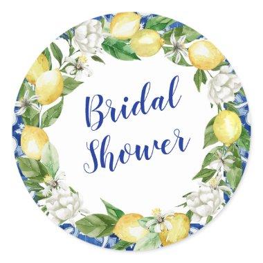 Blue Tile Lemon Bridal Shower Classic Round Sticker