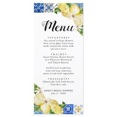 Blue Tile Lemon Italian Bridal Shower Menu Invitations