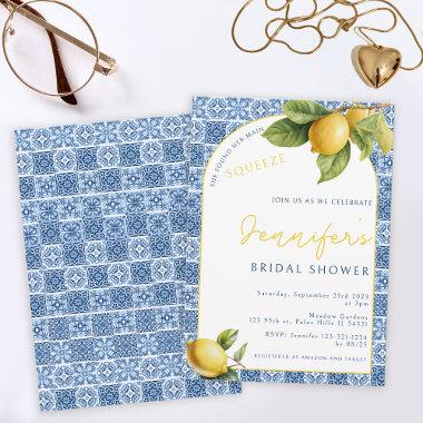 Blue tile Lemon theme Main squeeze Bridal Shower Invitations