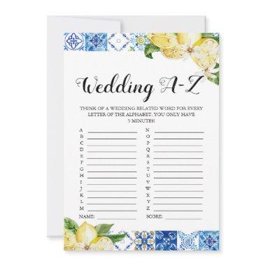 Blue Tile Lemons Wedding A-Z Bridal Shower Game Invitations