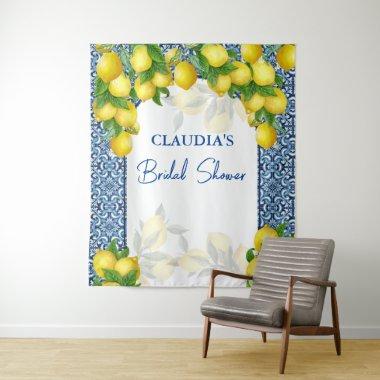 Blue tiles and lemon Amalfi party backdrop