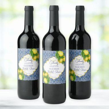 Blue tiles lemon Amalfi bridal shower party custom Wine Label