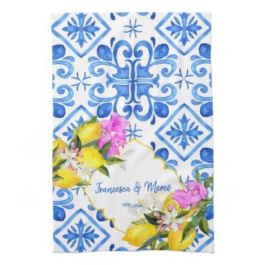 Blue tiles lemon Bougainvillea custom wedding gift Kitchen Towel