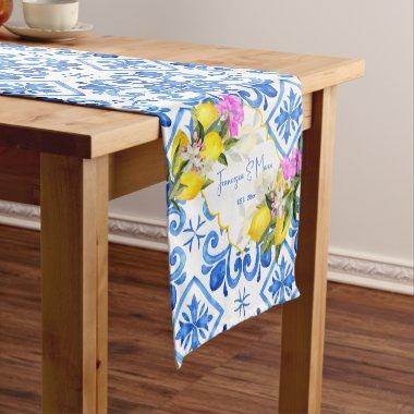 Blue tiles lemon Bougainvillea custom wedding gift Short Table Runner