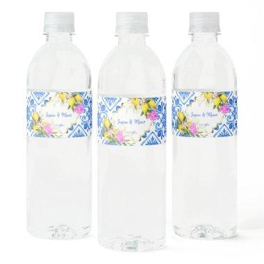 Blue tiles lemon Bougainvillea custom wedding Water Bottle Label