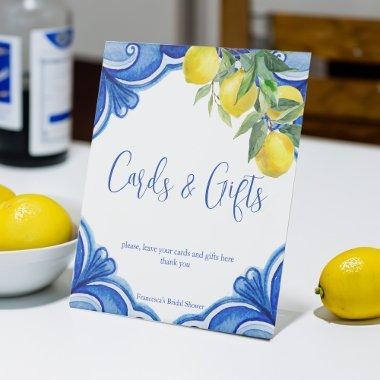 Blue tiles lemons that's amore bridal shower gifts pedestal sign