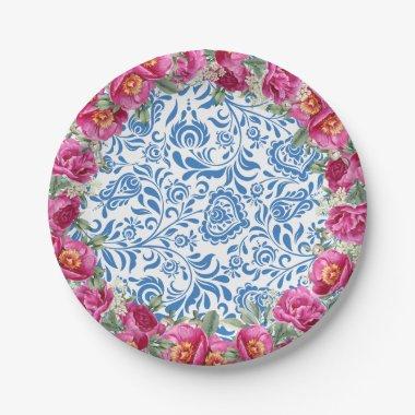 Blue Tiles Pink Flower Mediterranean Party Paper Plates