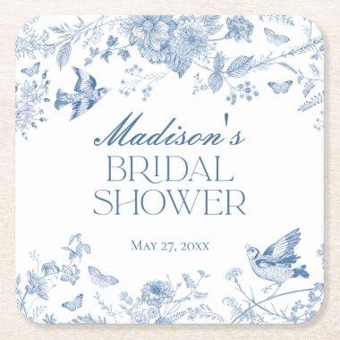Blue Toile De Jouy Vintage Floral  Square Paper Coaster