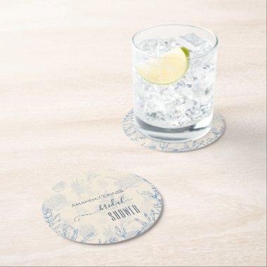 Blue toile ocean themed  Round Paper Coaster