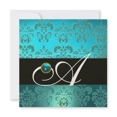 BLUE TURQUASE BLACK CHAMPAGNE DAMASK MONOGRAM Invitations