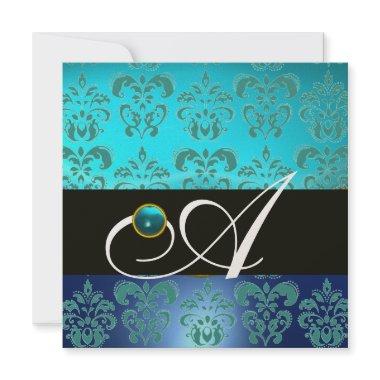 BLUE TURQUASE BLACK CHAMPAGNE DAMASK MONOGRAM Invitations