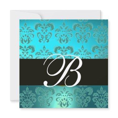 BLUE TURQUASE BLACK DAMASK MONOGRAM , aquamarine Invitations