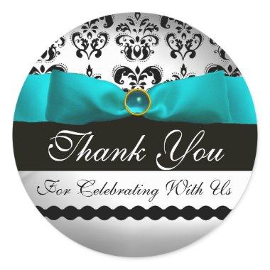 BLUE TURQUASE & WHITE DAMASK RIBBON Aquamarine Classic Round Sticker