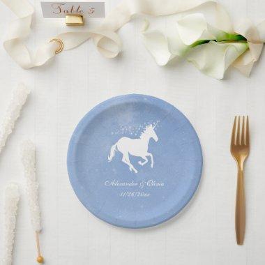 Blue Unicorn Wedding Paper Plate