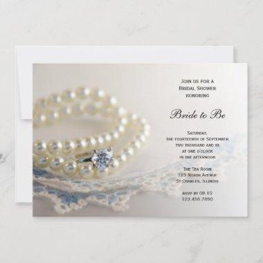 Blue Vintage Lace, Pearls and Ring Bridal Shower Invitations