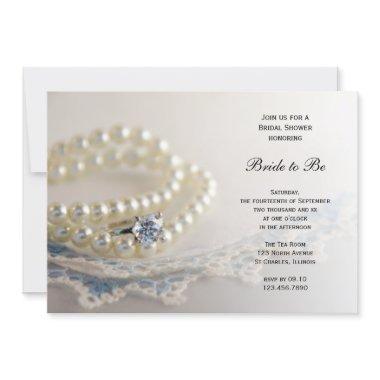 Blue Vintage Lace, Pearls and Ring Bridal Shower Invitations