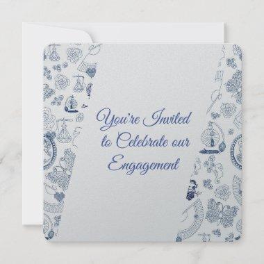 Blue Vintage Romance Engagement Invitations