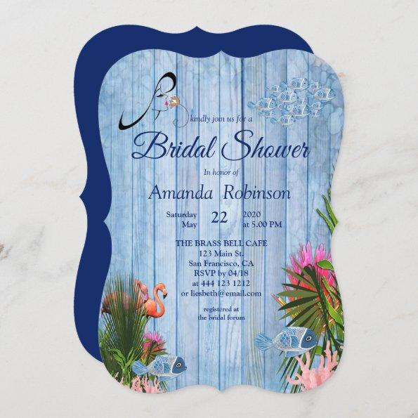 Blue water Pebbles & Pink Flamingos Bridal Shower Invitations