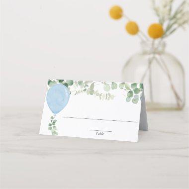 Blue watercolor balloon eucalyptus greenery label place Invitations