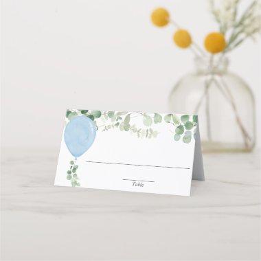 Blue watercolor balloon eucalyptus greenery label place