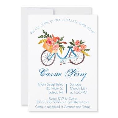 Blue Watercolor Bicycle Floral Bridal Shower Invit Invitations