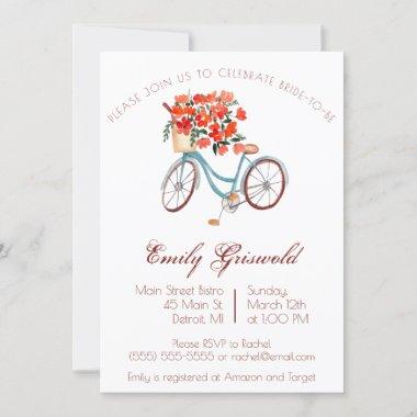 Blue Watercolor Bicycle Floral Bridal Shower Invitations
