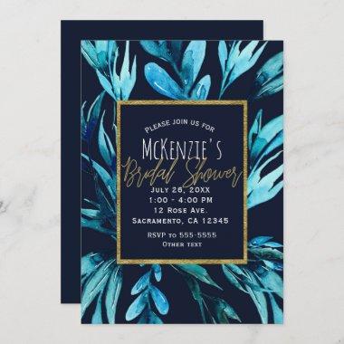 Blue Watercolor Botanical Glam Bridal Shower Invitations