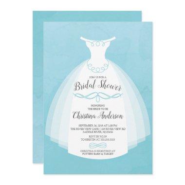 Blue Watercolor Bride Gown Bridal Shower Invitations