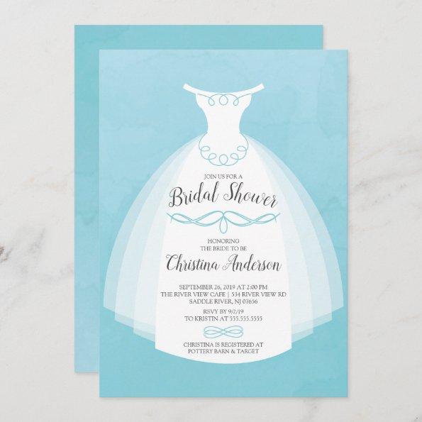Blue Watercolor Bride Gown Bridal Shower Invitations