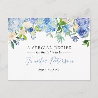 Blue Watercolor Floral Bridal Shower Recipe Invitations