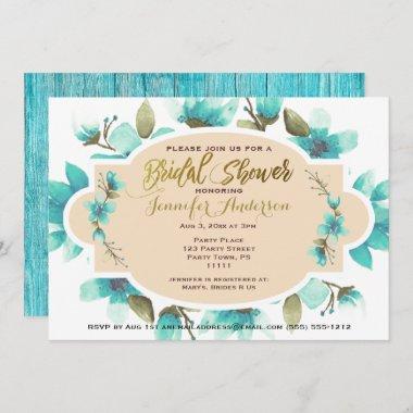 Blue Watercolor Floral Rustic Wood Bridal Shower Invitations
