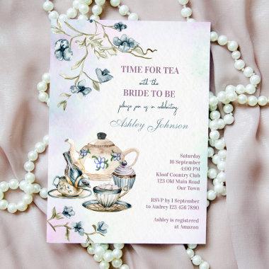 Blue watercolor floral tea party bridal shower Invitations