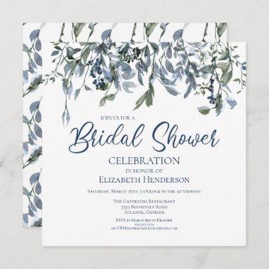 Blue Watercolor Floral Vines Bridal Shower Invitations