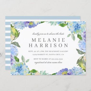 Blue Watercolor Floral Wreath Bridal Shower Invitations