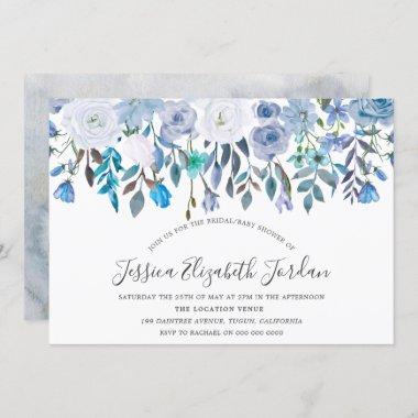 Blue Watercolor Flowers Baby or Bridal Shower Invitations