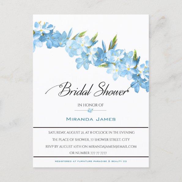 Blue Watercolor Flowers Elegant Bridal Shower Invitation PostInvitations