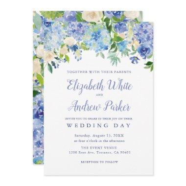 Blue Watercolor hydrangea Floral Wedding Invitations