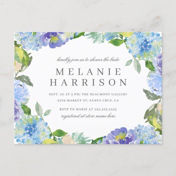 Blue Watercolor Hydrangea Wreath Bridal Shower Invitation PostInvitations
