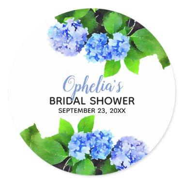 Blue Watercolor Hydrangeas Floral Bridal Shower Classic Round Sticker