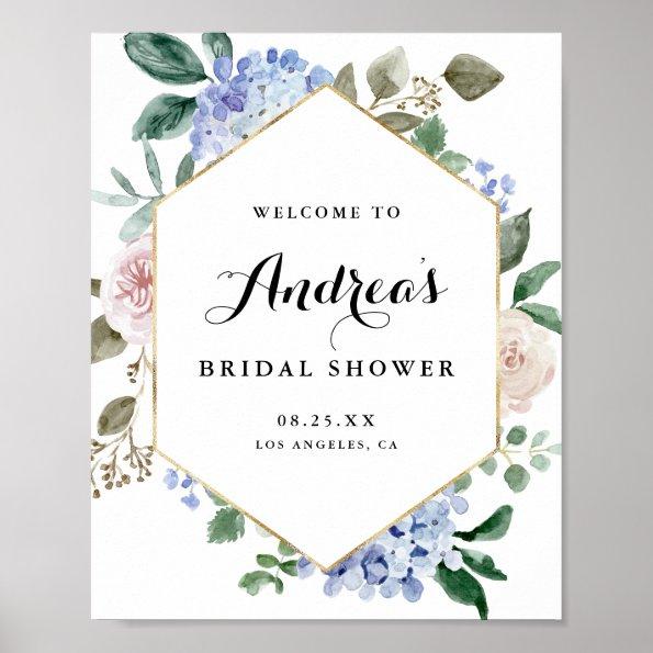 Blue Watercolor Hydrangeas Gold Foil Bridal Shower Poster
