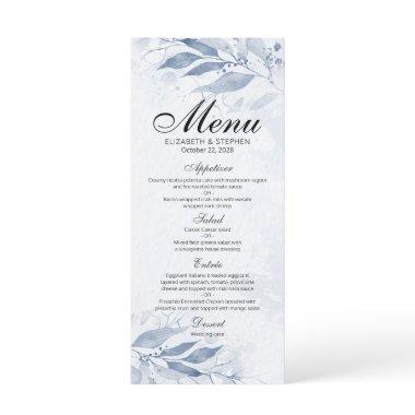 Blue Watercolor Leaves Botanical Chic Wedding Menu
