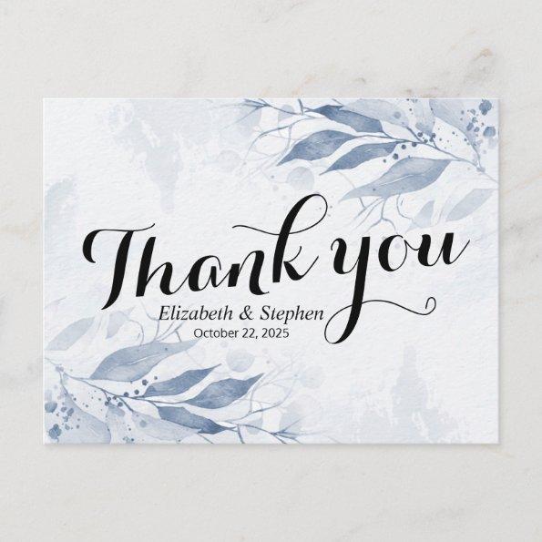 Blue Watercolor Leaves Botanical Wedding Thank You PostInvitations