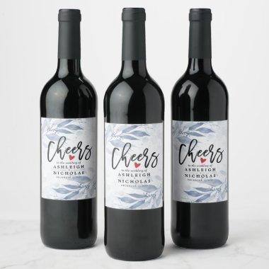 Blue Watercolor Leaves Chic Wedding Cheers to Love Wine Label