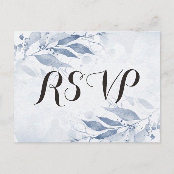Blue Watercolor Leaves Wedding RSVP Kindly Reply Invitation PostInvitations