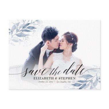 Blue Watercolor Leaves Wedding Save Date Photo Post